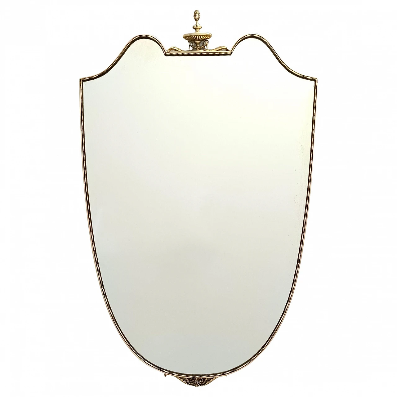 Brass shield-shaped wall mirror, 1950s 1