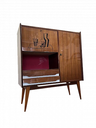 Wood and glass bar cabinet with decoration, 1950s