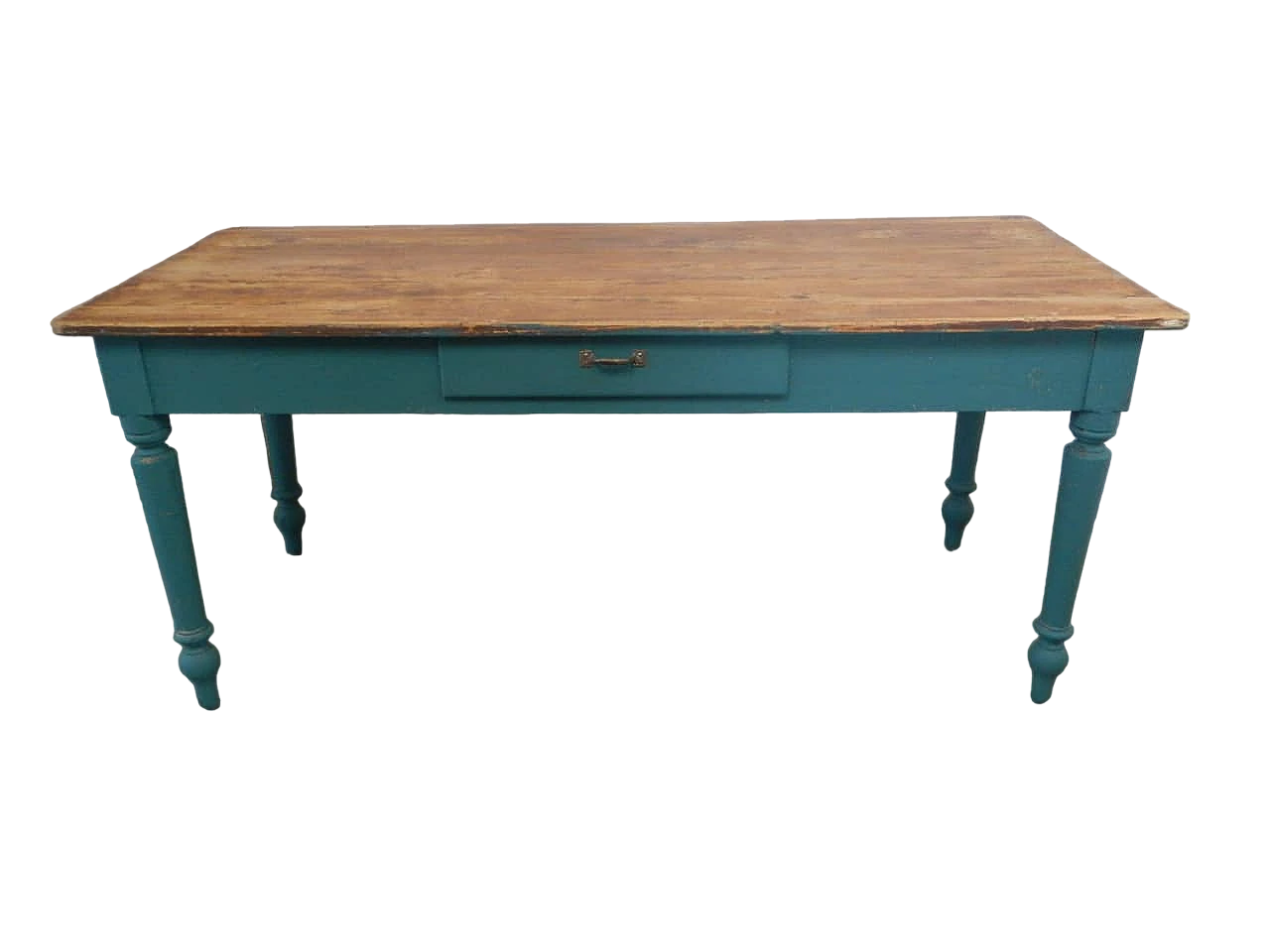 Green fir wood table with natural top & a drawer, 1950s 11