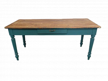 Green fir wood table with natural top & a drawer, 1950s