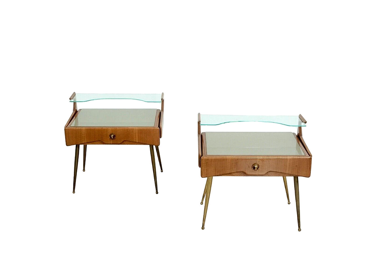 Pair of wood, brass and glass bedside tables with shelf, 1950s 9