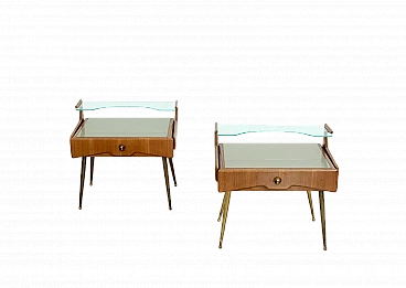 Pair of wood, brass and glass bedside tables with shelf, 1950s