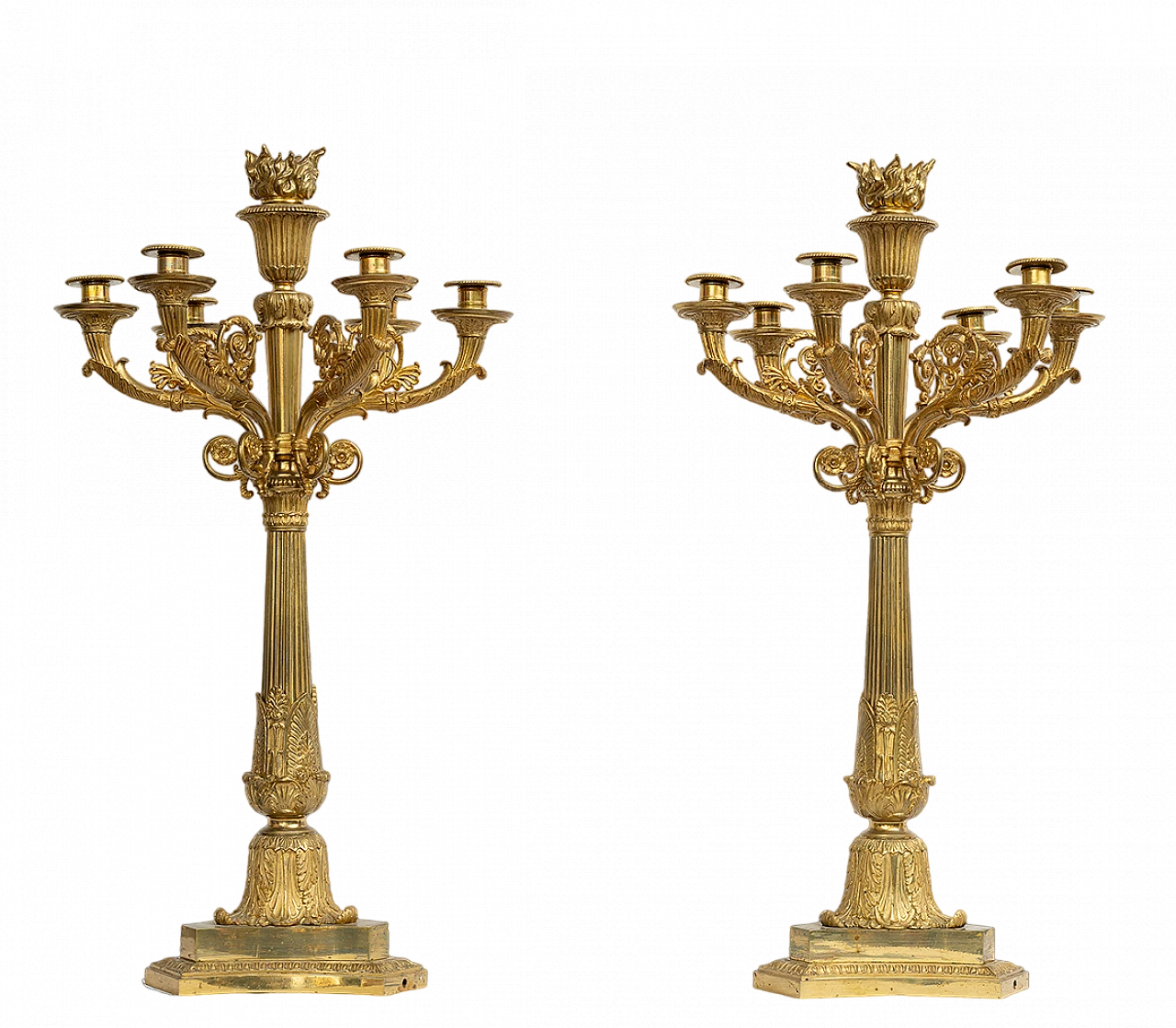 Pair of chiseled gilded bronze flameaux, 19th century 5