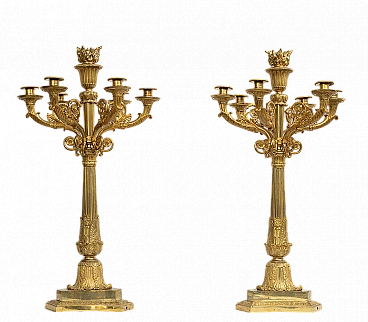 Pair of chiseled gilded bronze flameaux, 19th century