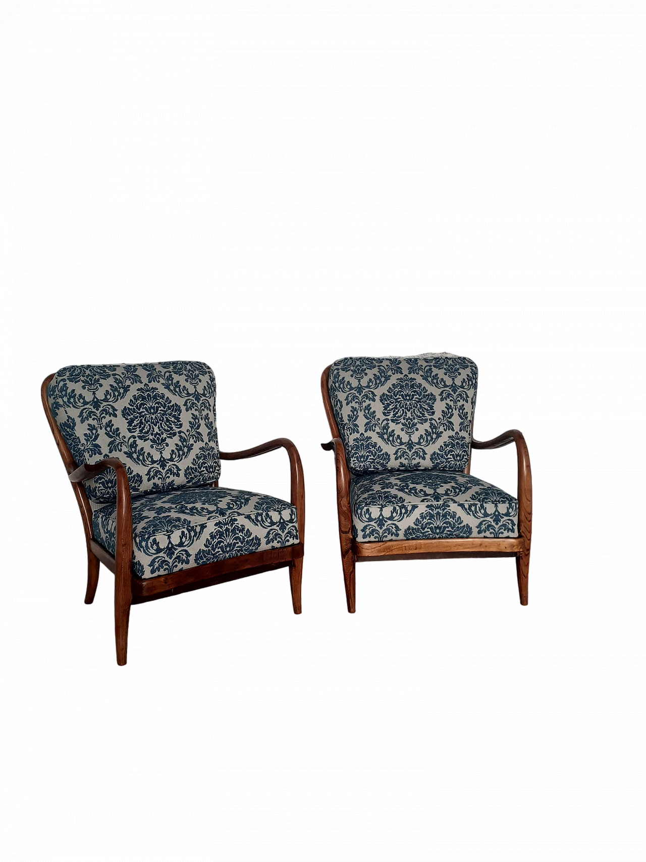 Pair of cherry wood armchairs with barocade fabric, 1940s 16
