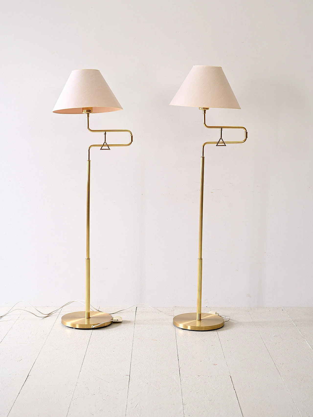 Pair of Scandinavian gilded metal floor lamps, 1960s 4