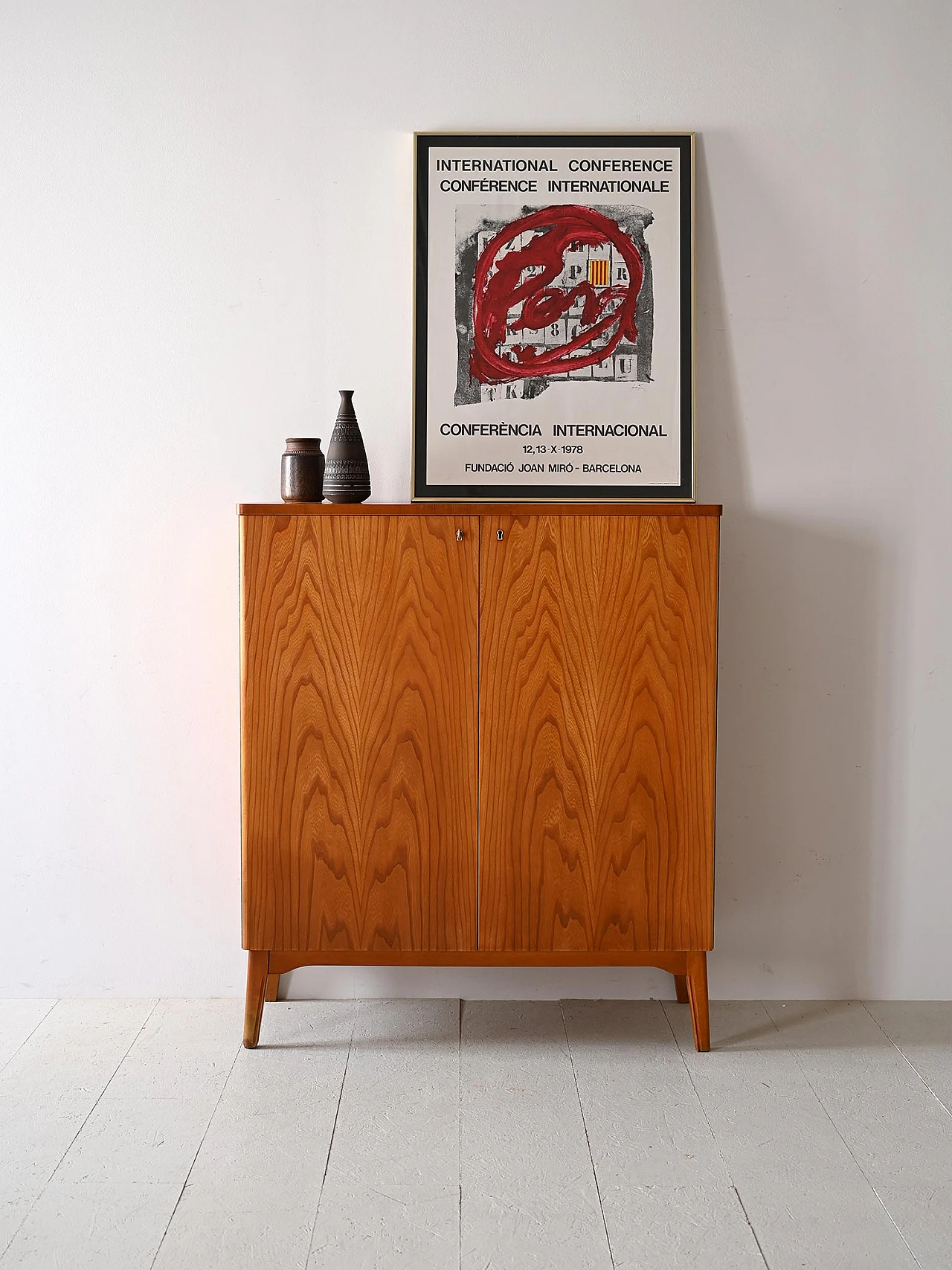 Wooden sideboard with hinged doors & lock, 1950s 1
