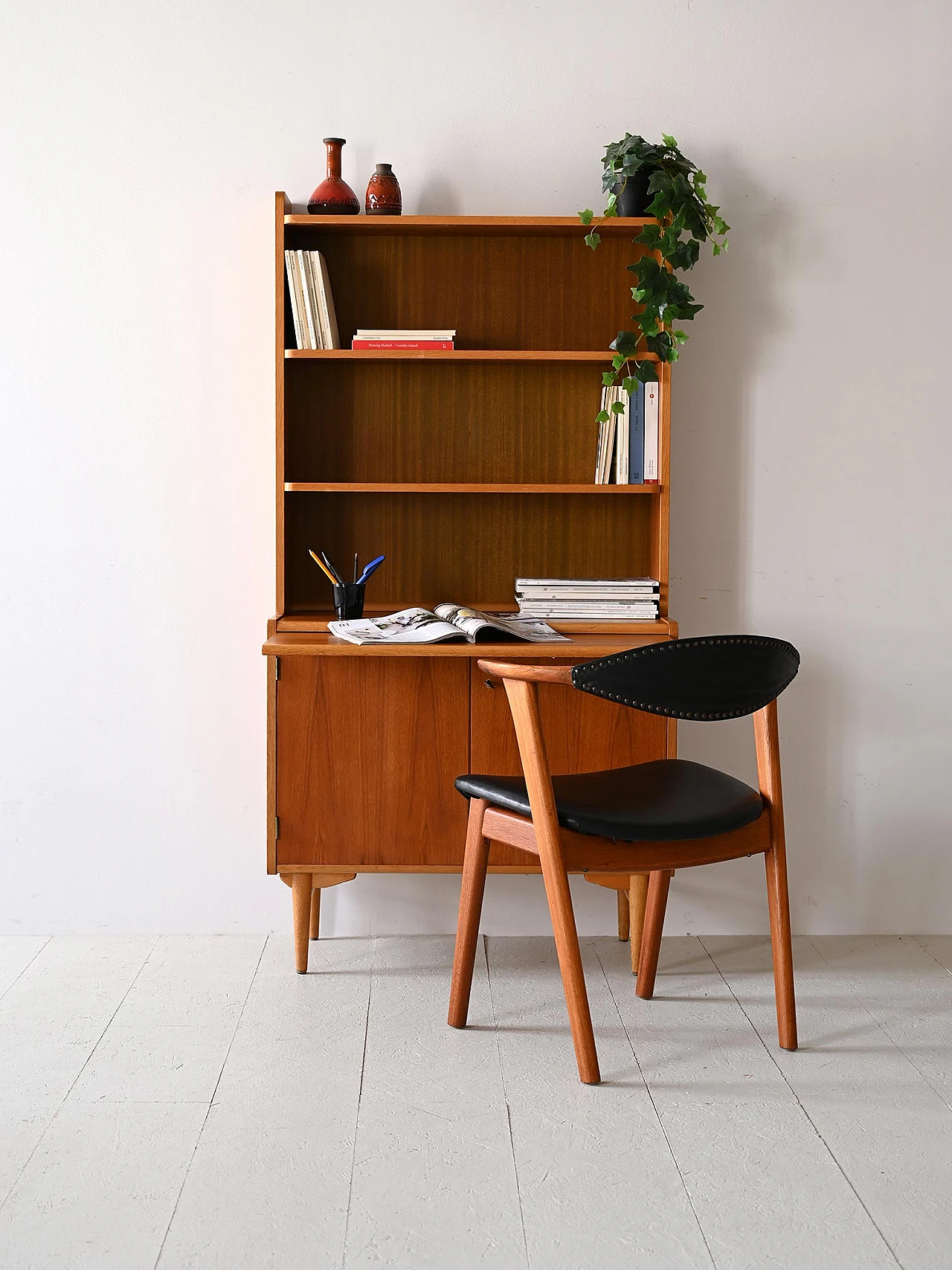 Teak bookcase with open shelves and flap desk, 1960s 1