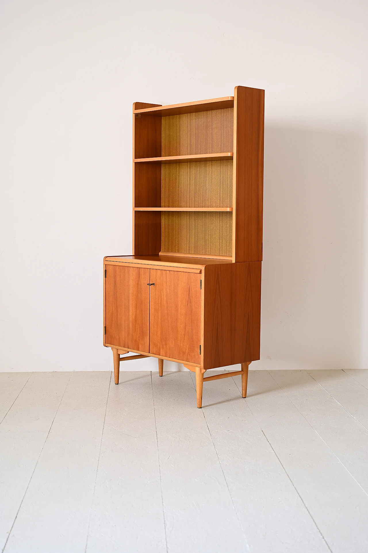 Teak bookcase with open shelves and flap desk, 1960s 2