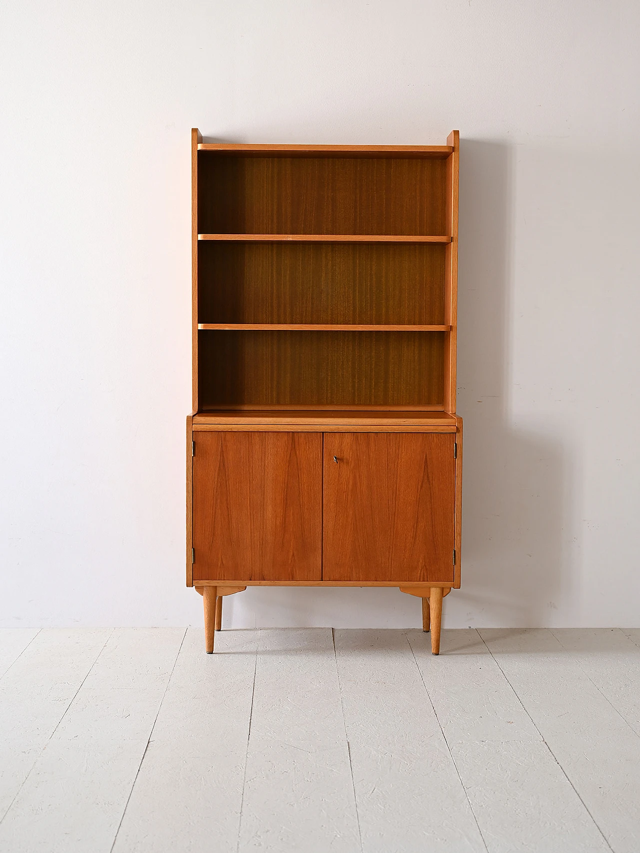 Teak bookcase with open shelves and flap desk, 1960s 3