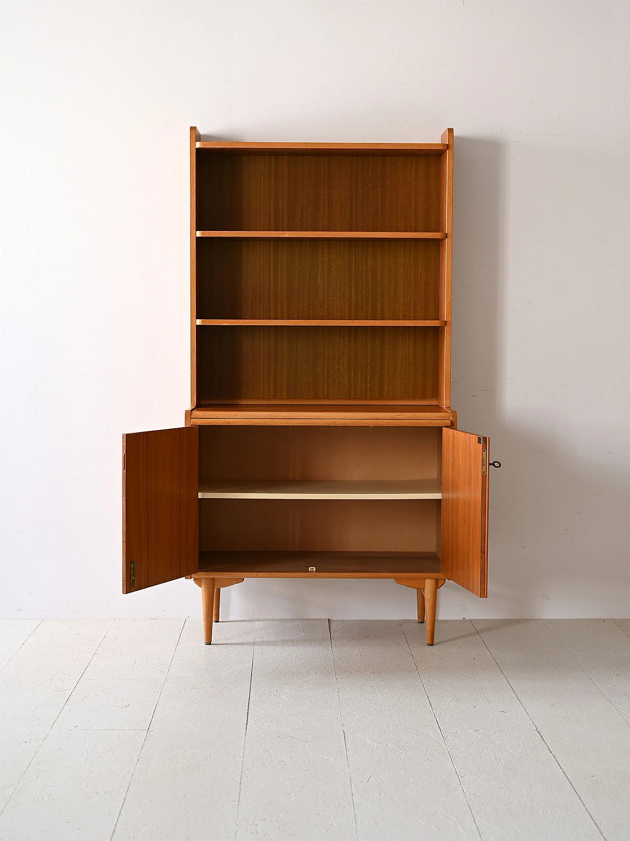 Teak bookcase with open shelves and flap desk, 1960s 4