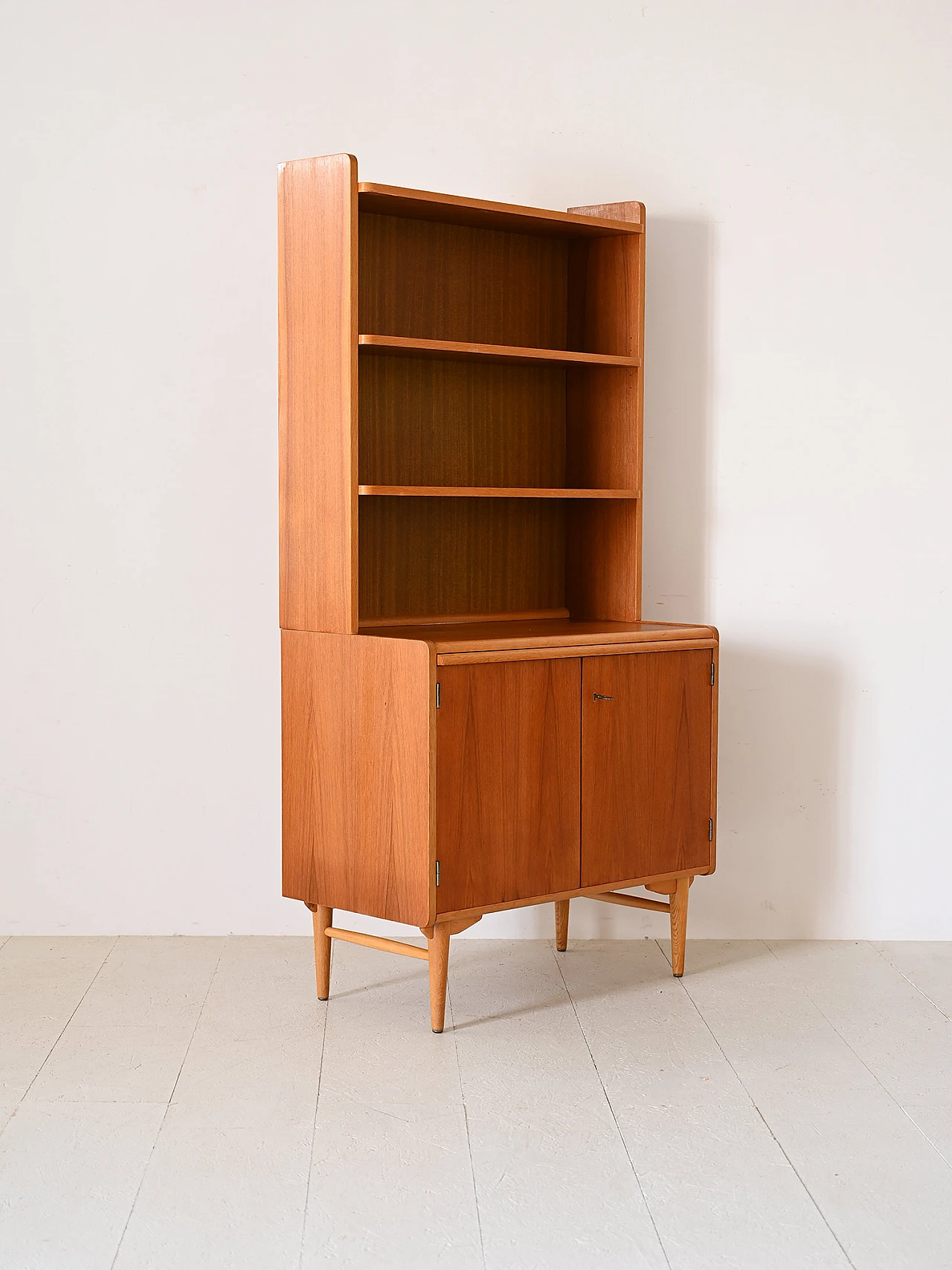 Teak bookcase with open shelves and flap desk, 1960s 5