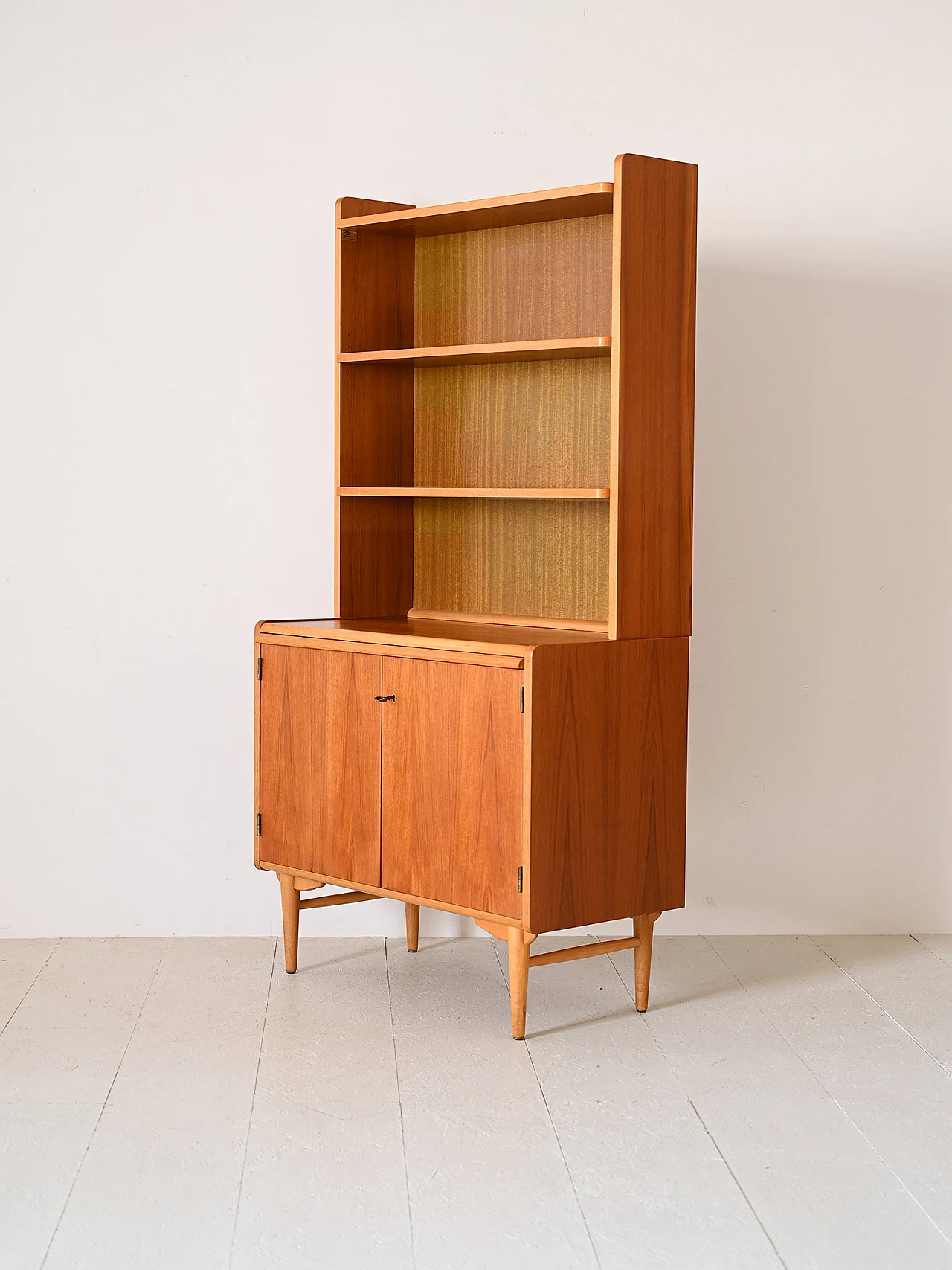 Teak bookcase with open shelves and flap desk, 1960s 6