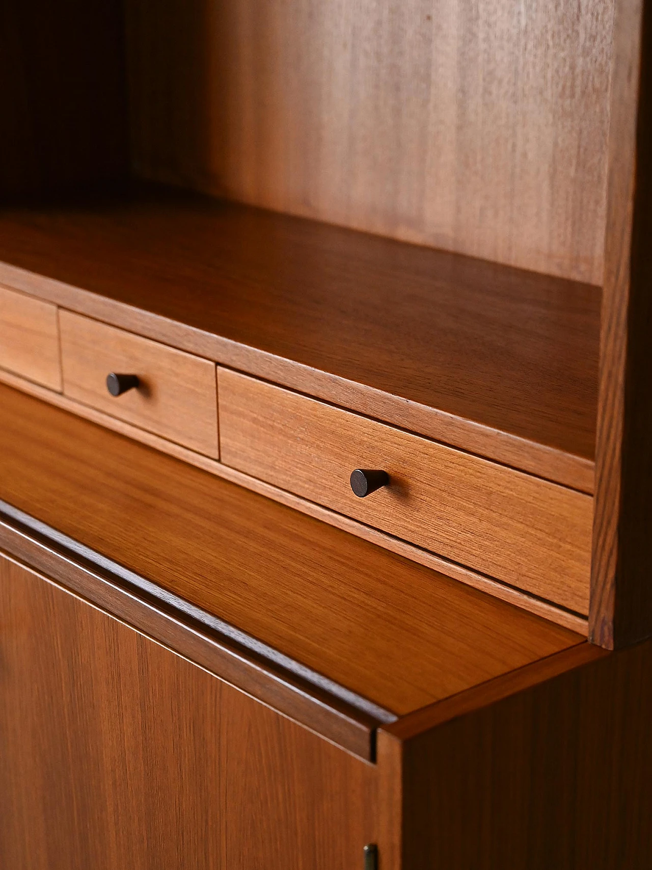 Teak bookcase with open shelving & storage compartment, 1960s 10