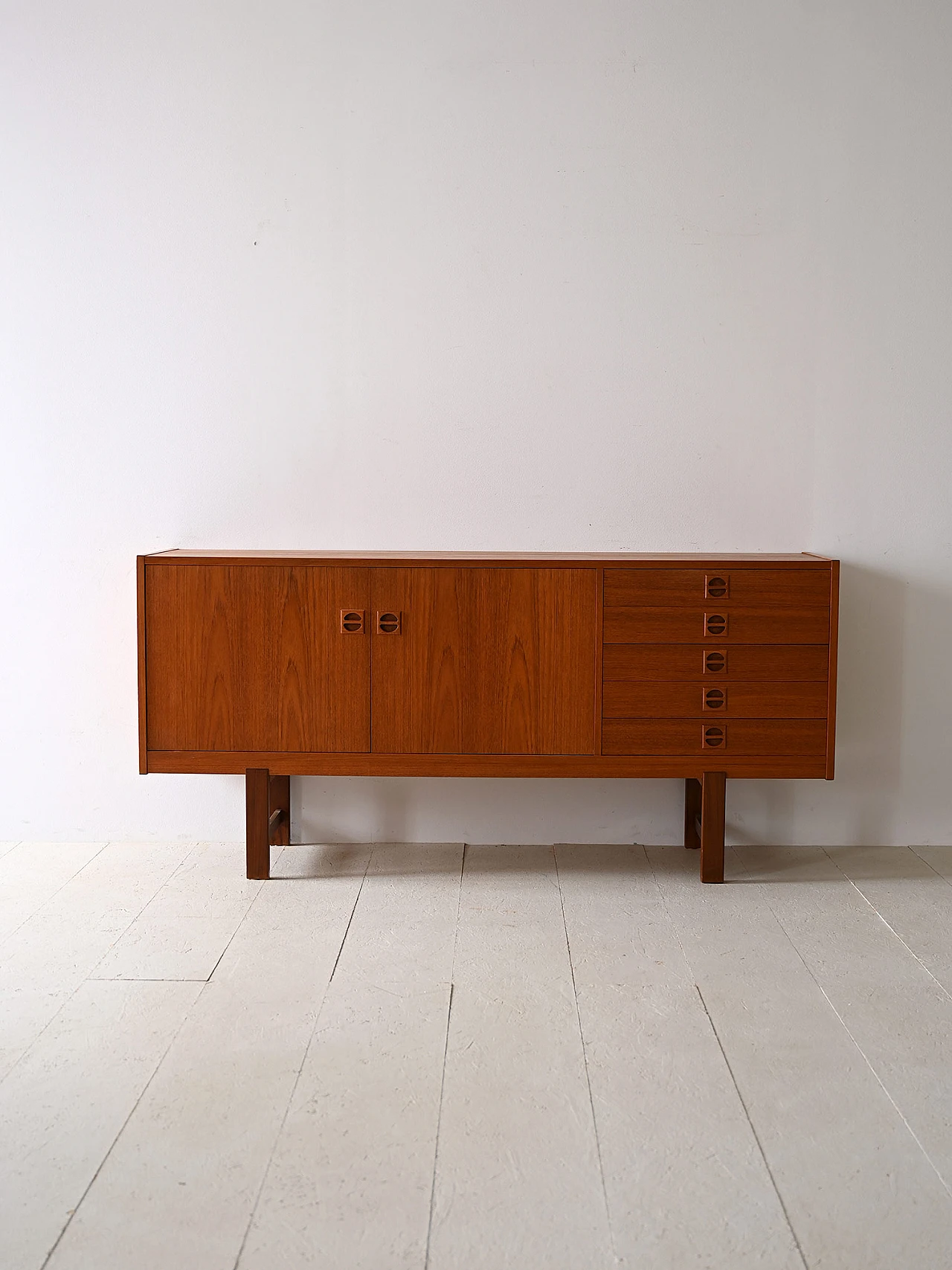 Teak sideboard with drawers & carved handles, 1960s 2