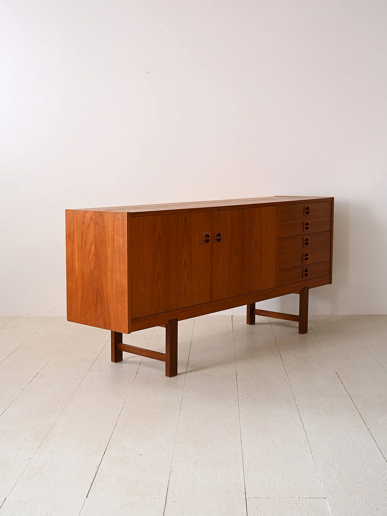 Teak sideboard with drawers & carved handles, 1960s 4
