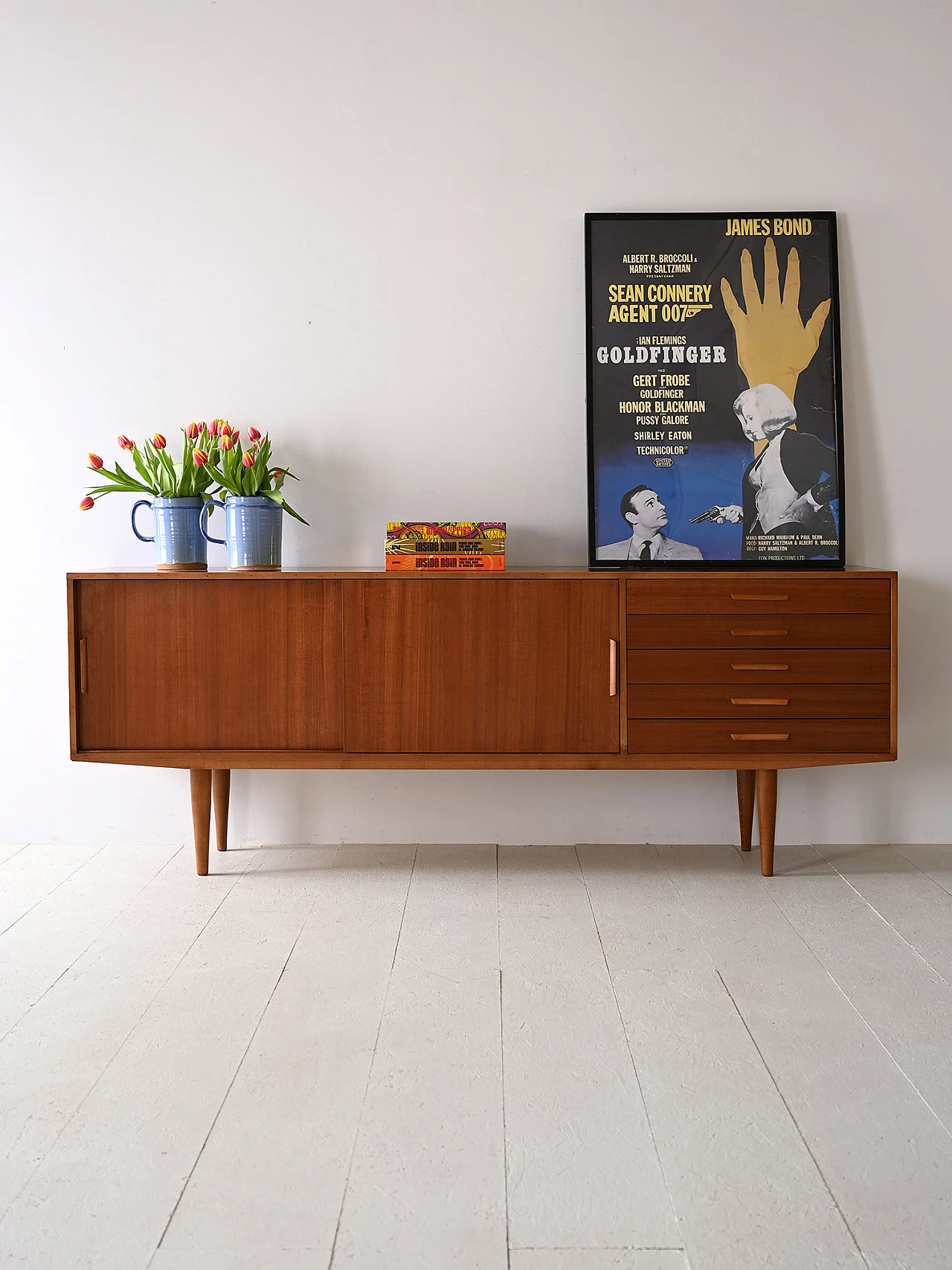 Scandinavian wood sideboard with sliding doors and drawers, 1960s 1