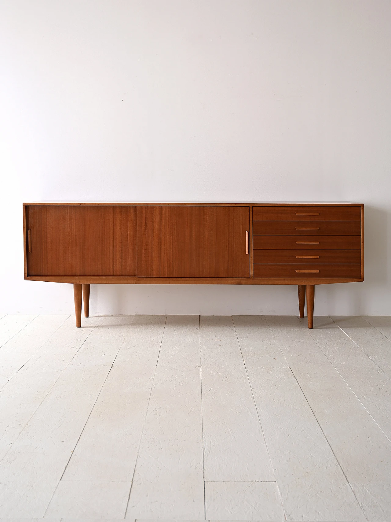 Scandinavian wood sideboard with sliding doors and drawers, 1960s 2