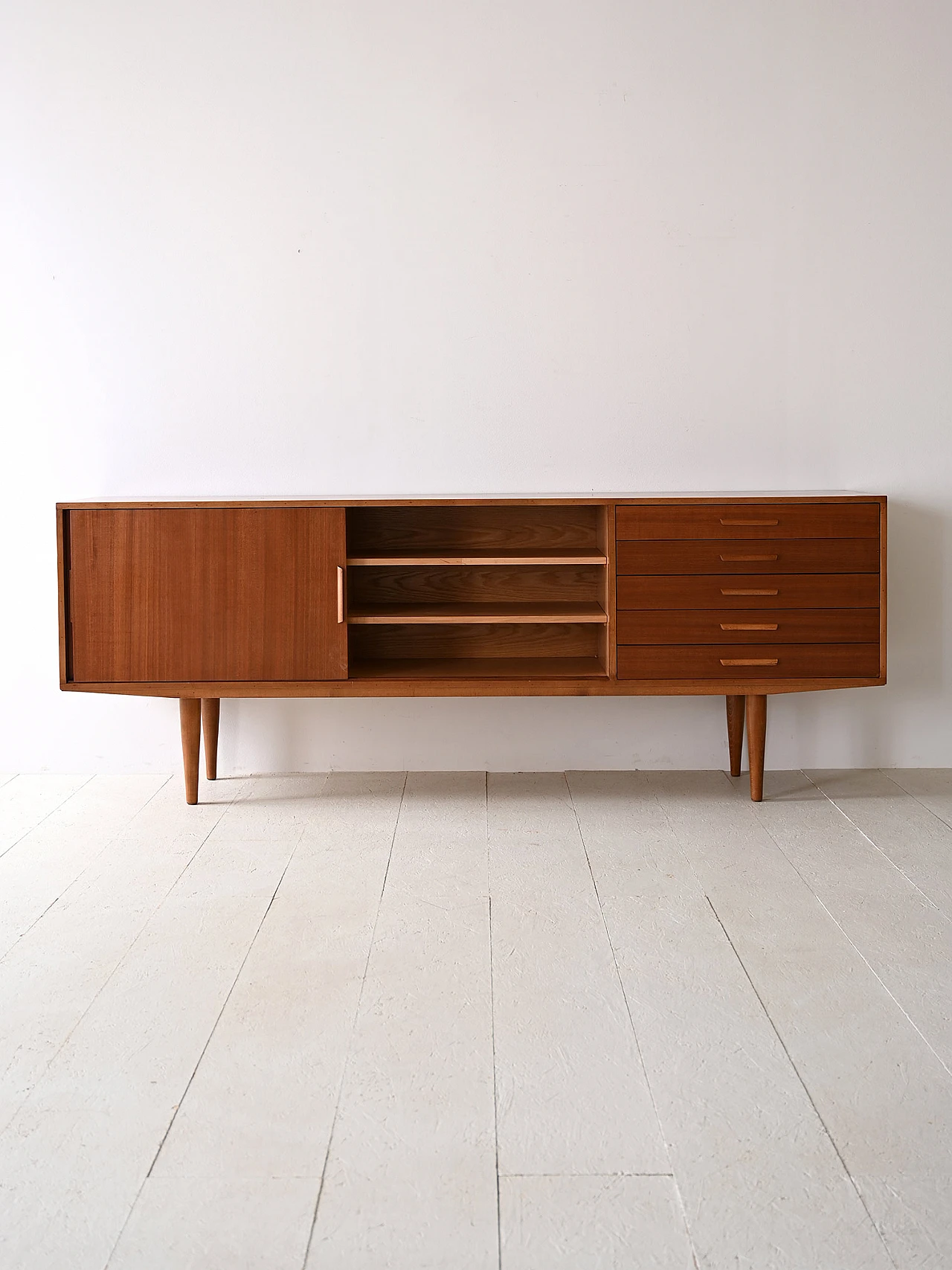Scandinavian wood sideboard with sliding doors and drawers, 1960s 3