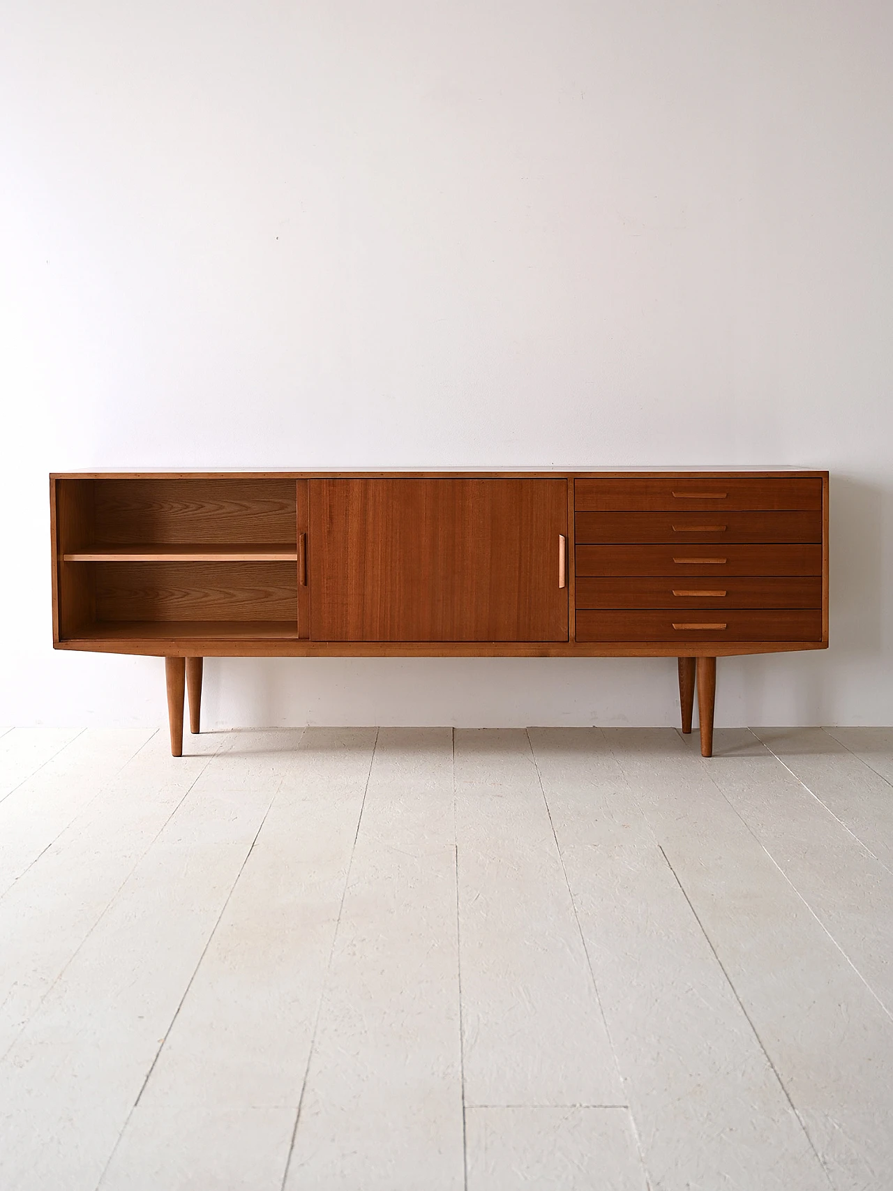 Scandinavian wood sideboard with sliding doors and drawers, 1960s 4