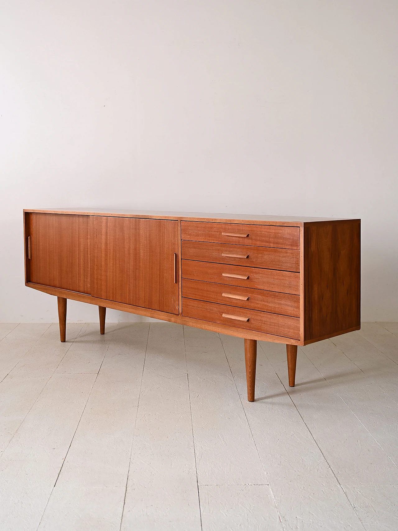 Scandinavian wood sideboard with sliding doors and drawers, 1960s 6