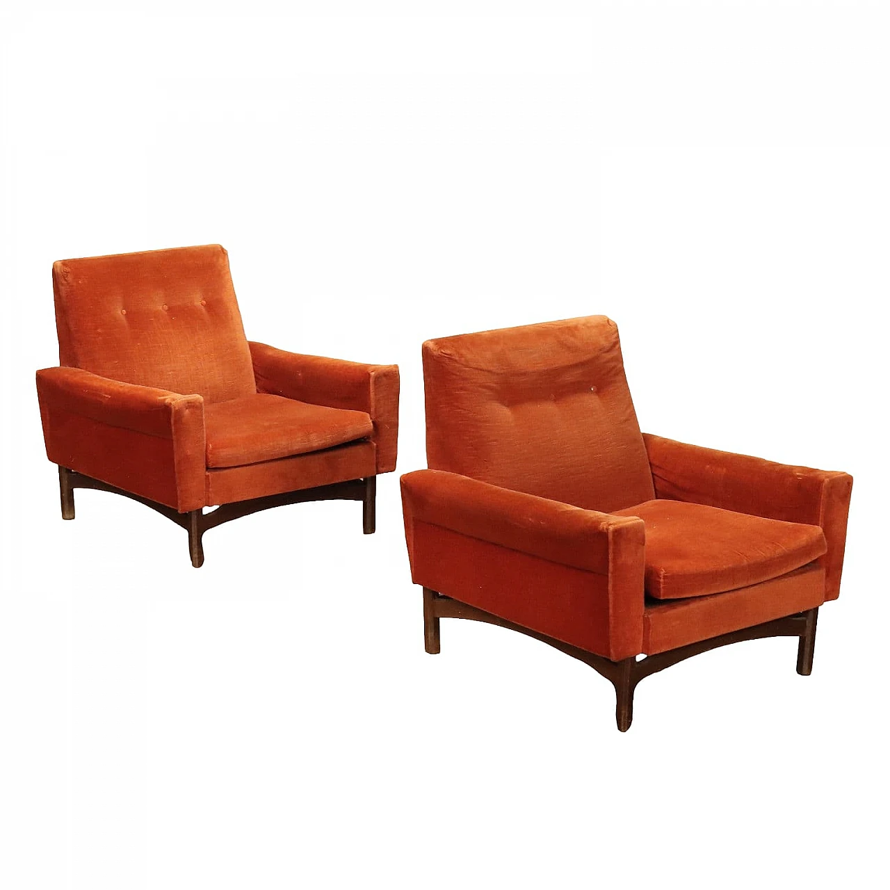 Pair of armchairs in wood and orange velvet, 1960s 1