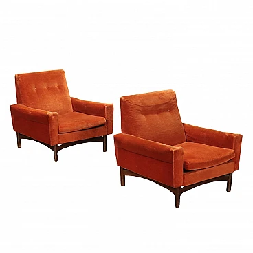 Pair of armchairs in wood and orange velvet, 1960s