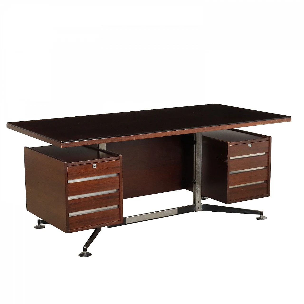 Exotic wood and chrome metal desk with drawers, 1970s 1