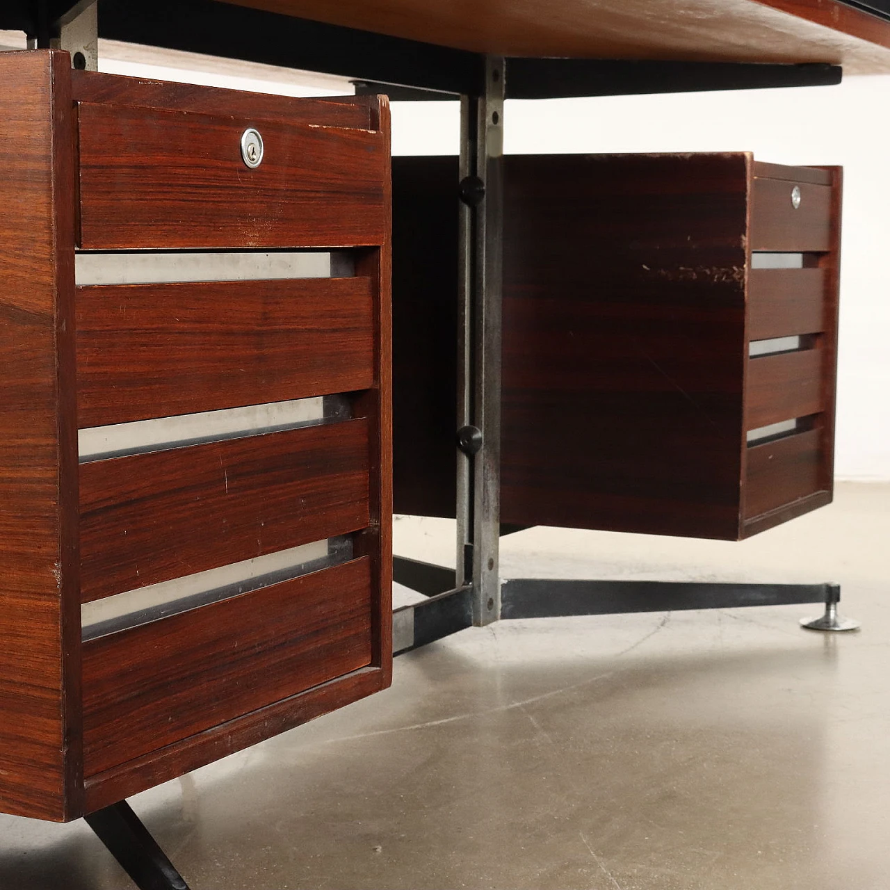 Exotic wood and chrome metal desk with drawers, 1970s 3