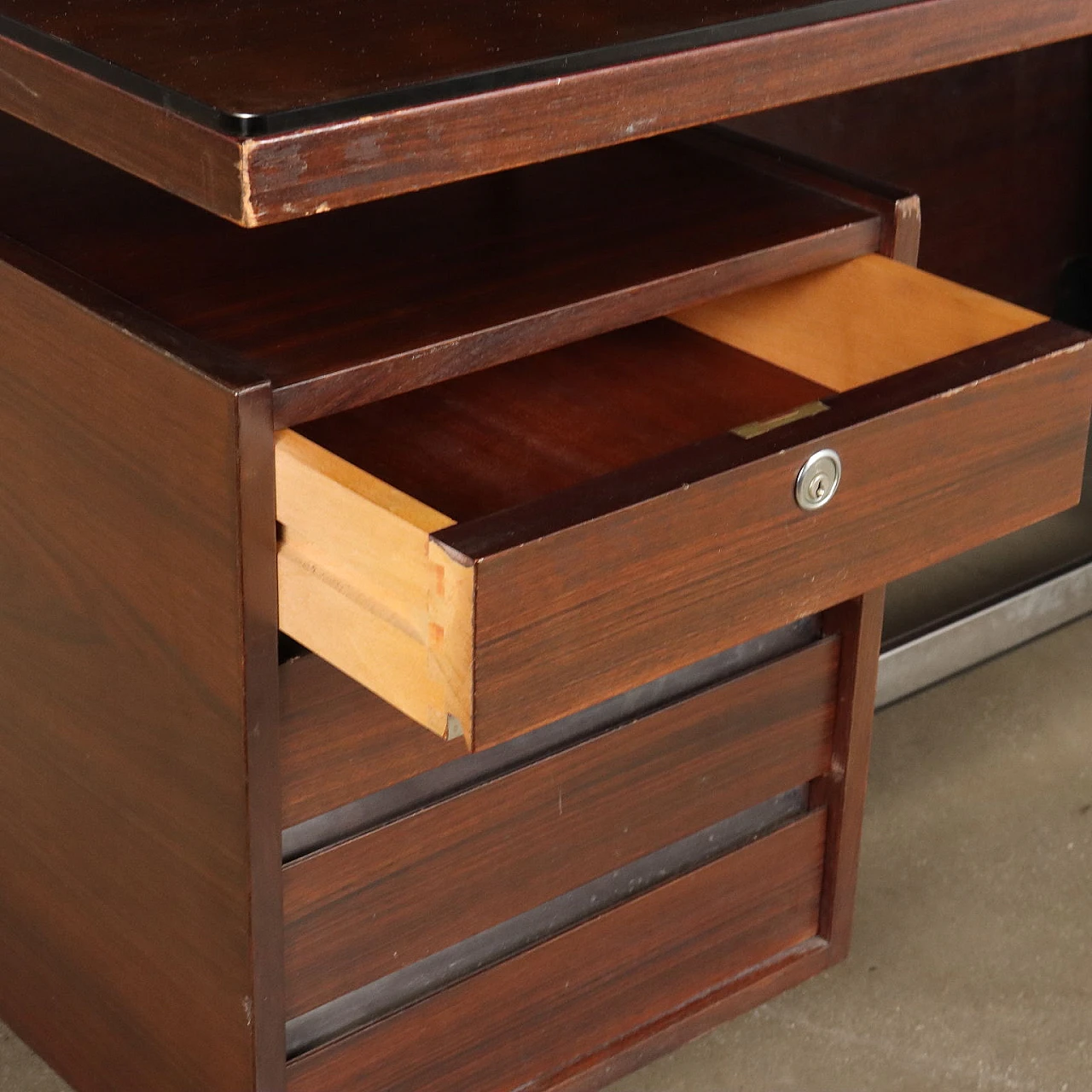 Exotic wood and chrome metal desk with drawers, 1970s 4