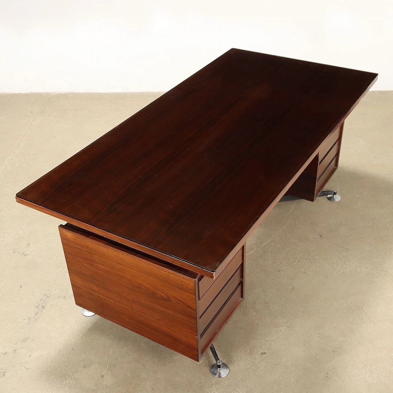 Exotic wood and chrome metal desk with drawers, 1970s 9