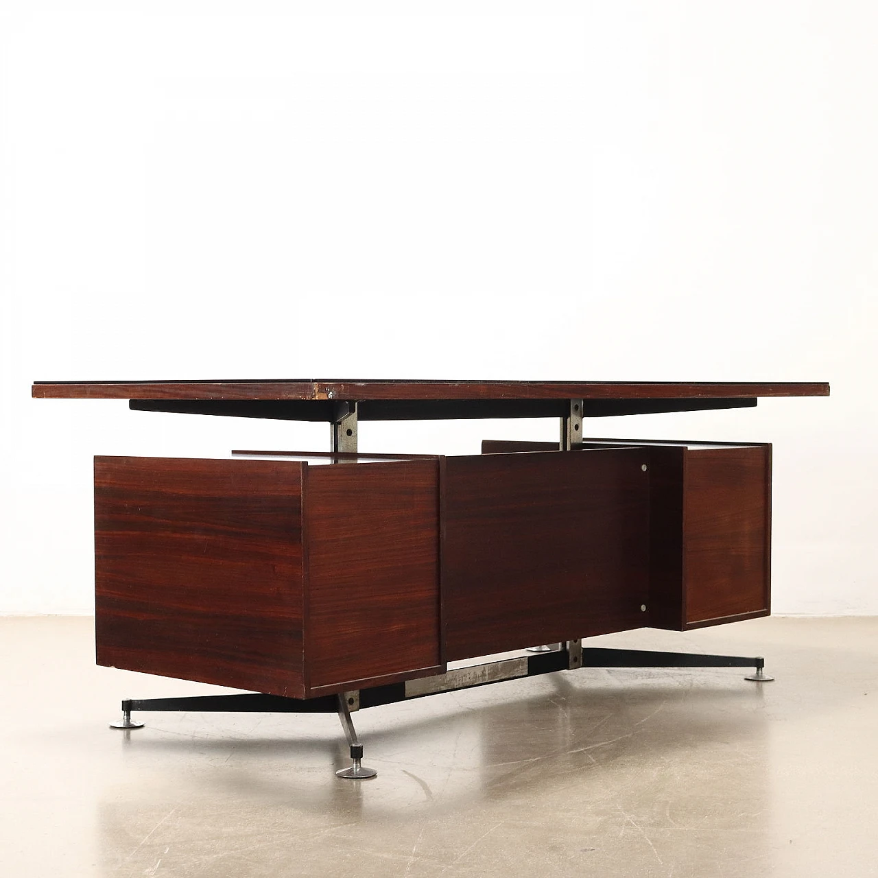Exotic wood and chrome metal desk with drawers, 1970s 10