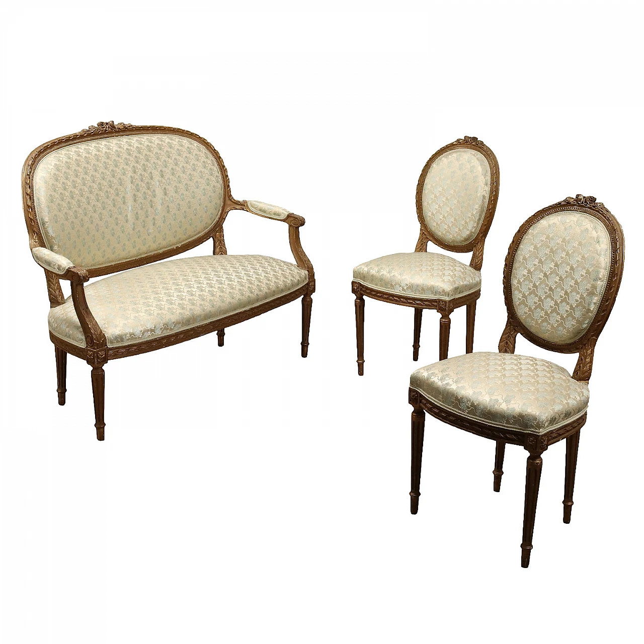Coppia di sedie e un divano in legno intagliato & dorato, '800 1