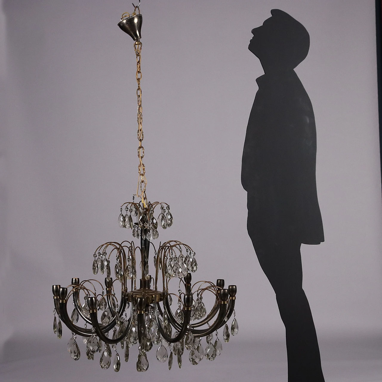 Brass and crystal chandelier with 12 lights, 1930s 2