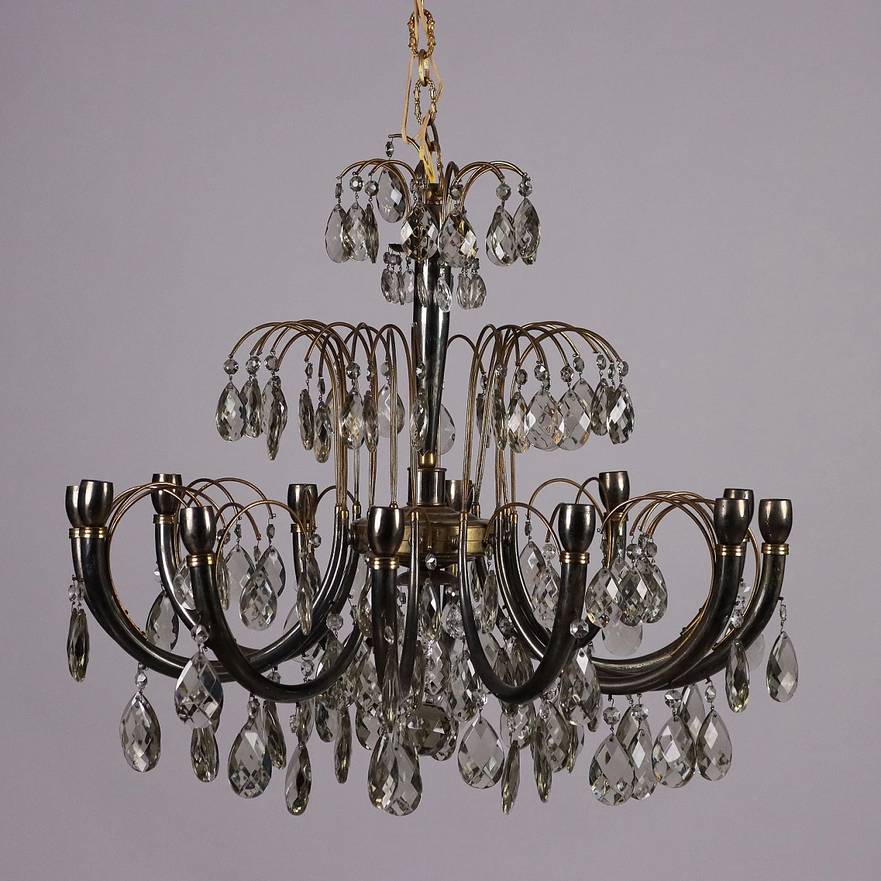 Brass and crystal chandelier with 12 lights, 1930s 3