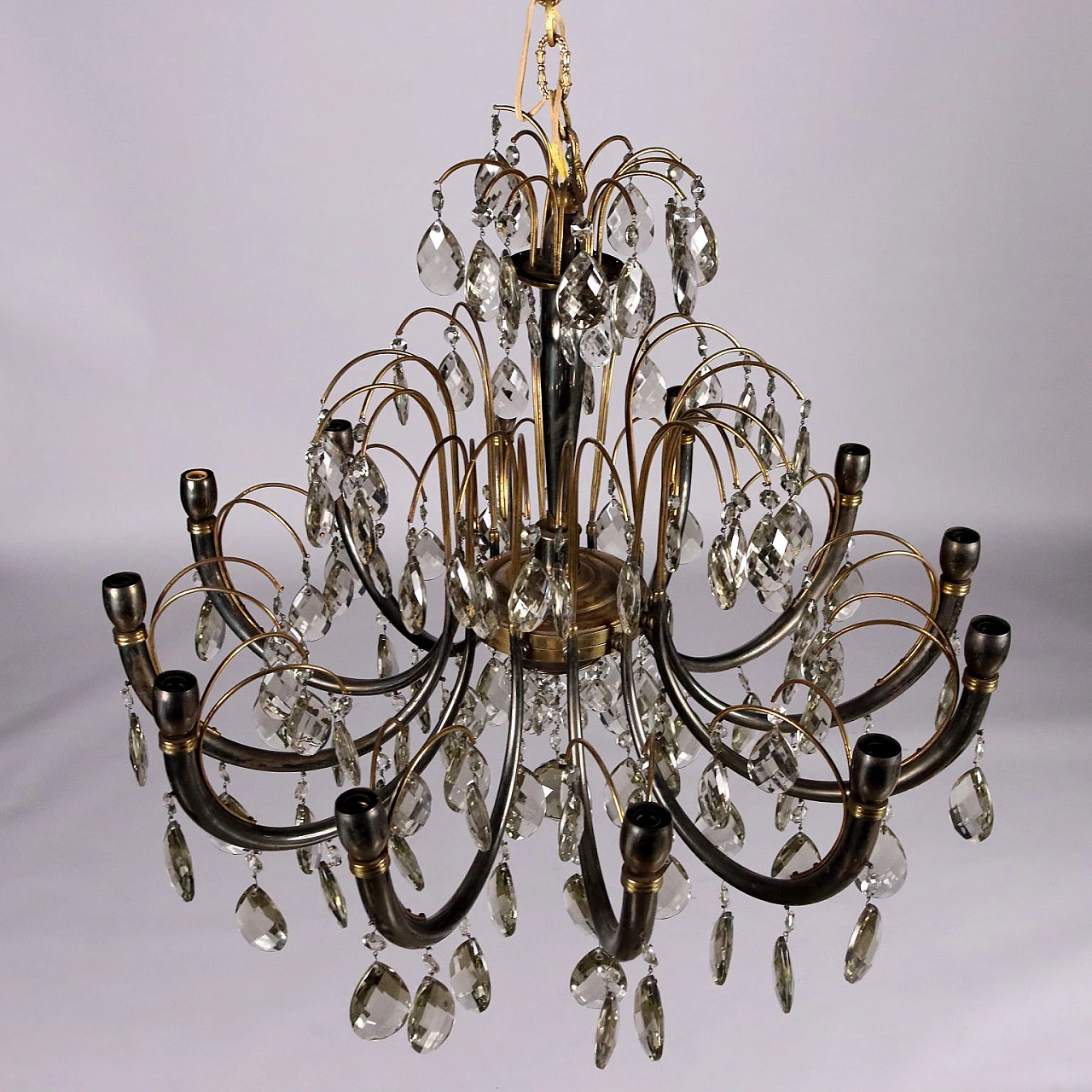 Brass and crystal chandelier with 12 lights, 1930s 4