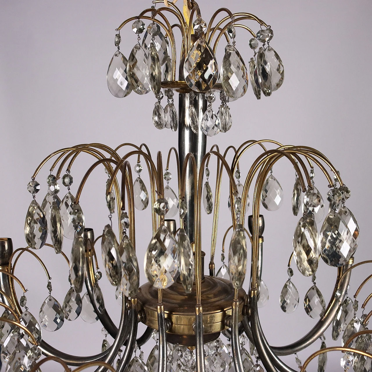 Brass and crystal chandelier with 12 lights, 1930s 8