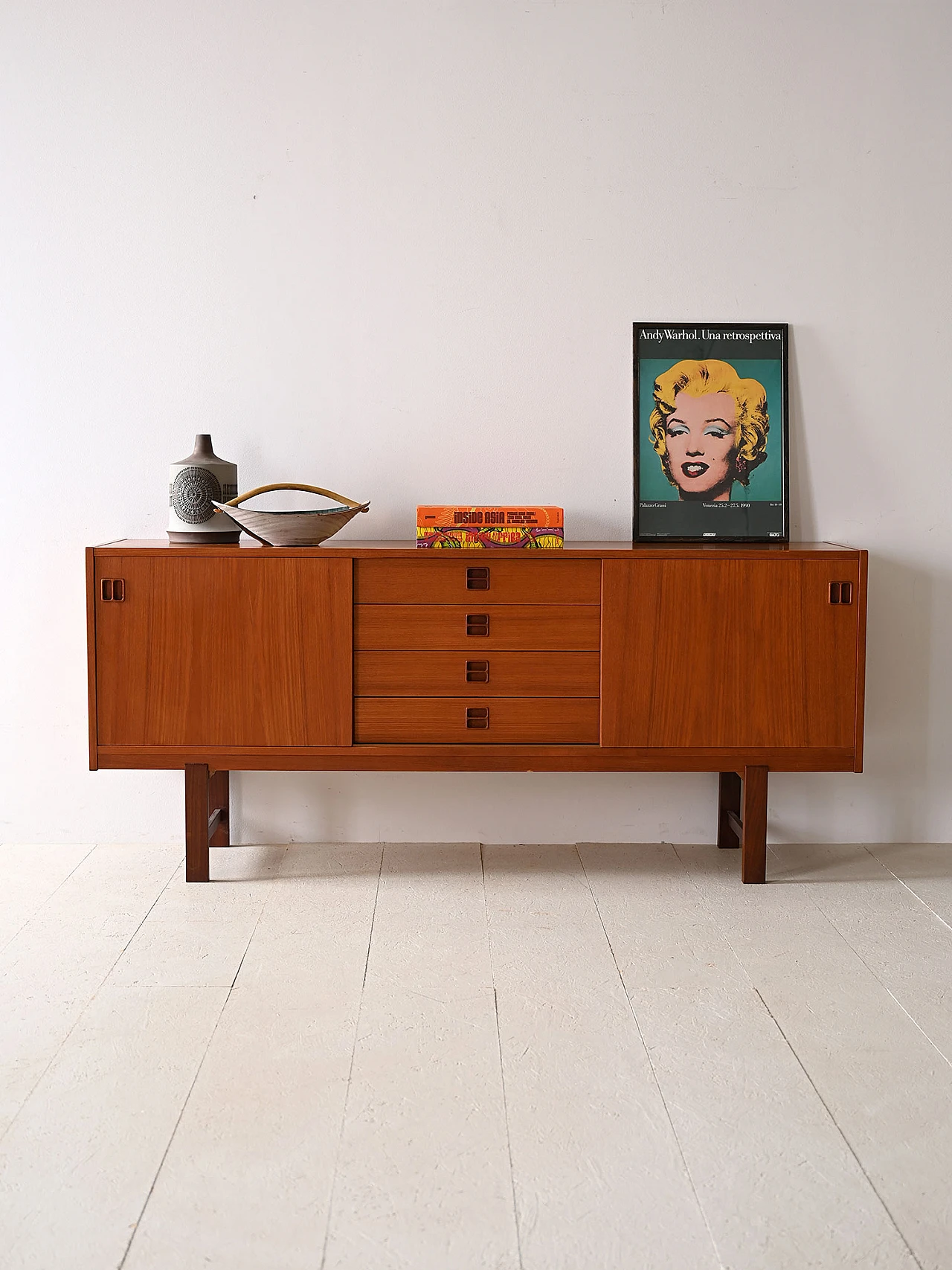 Credenza scandinava in teak con cassetti e ante, anni '60 1