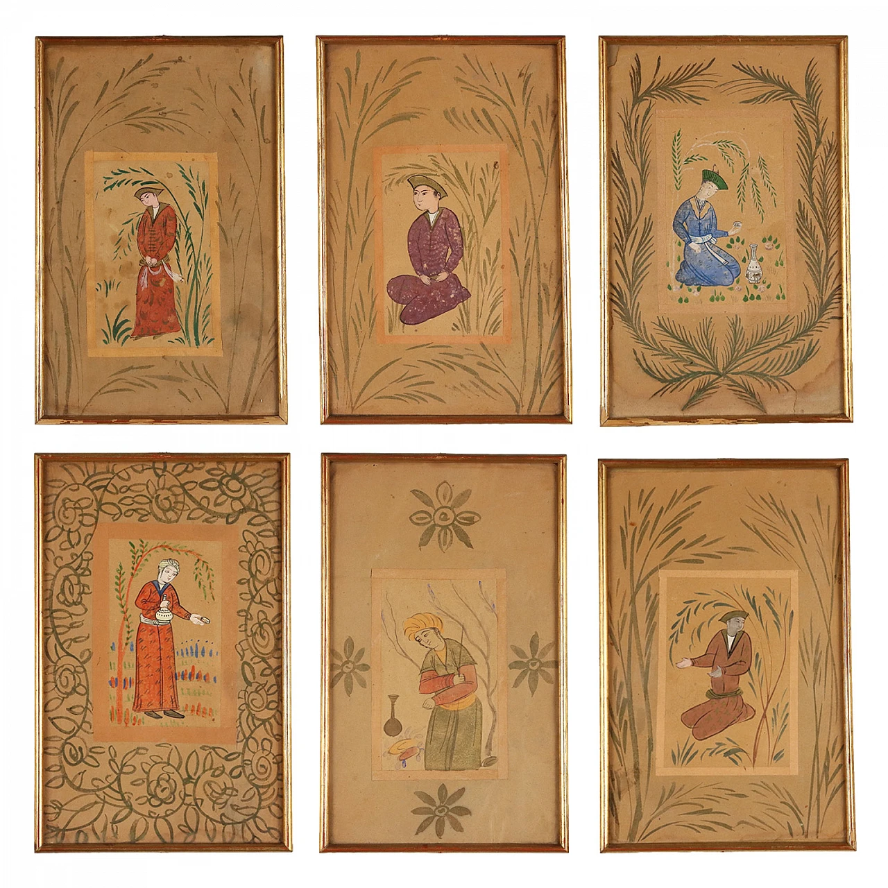 6 Framed painted miniatures on paper in the style of Reza Abbasi 1
