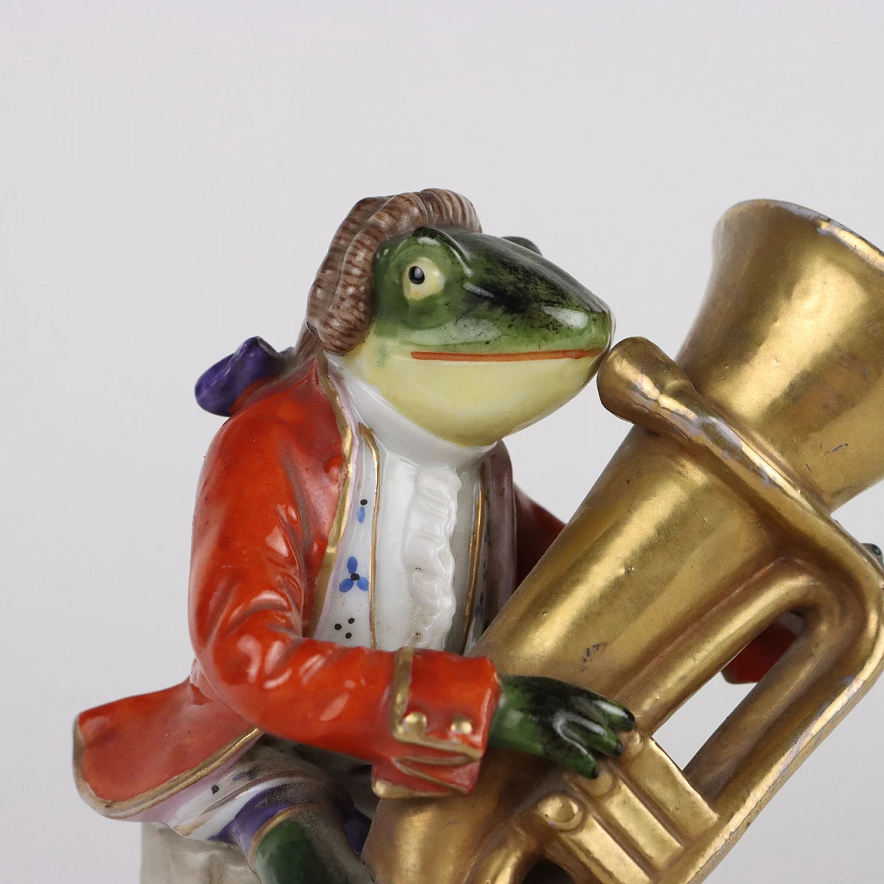 Statuina di rana con trombone in porcellana Sitzendorf, '800 4
