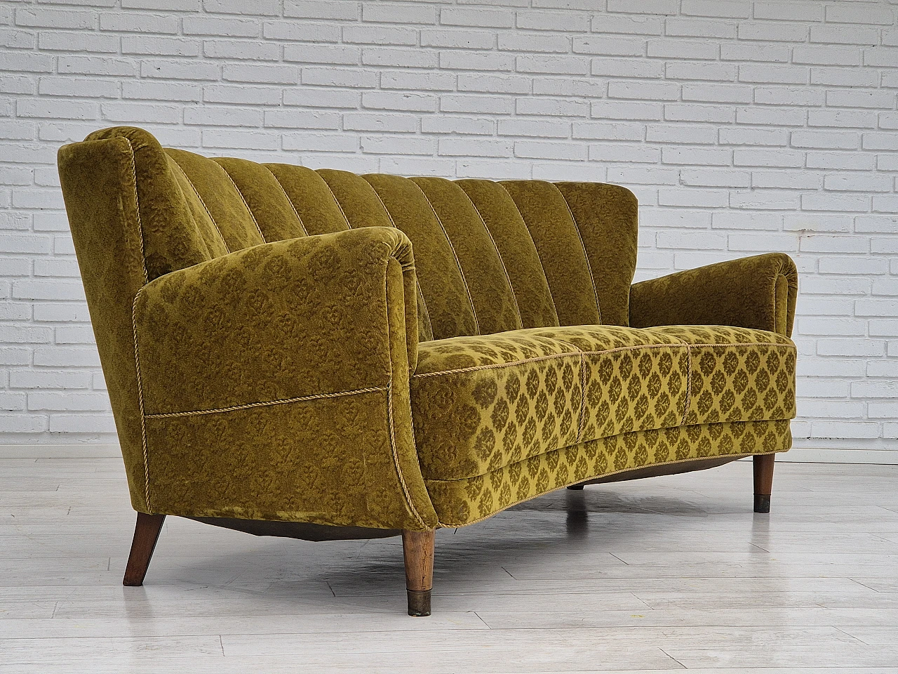Danish 3-seater sofa in beech, brass & green velour, 1960s 1