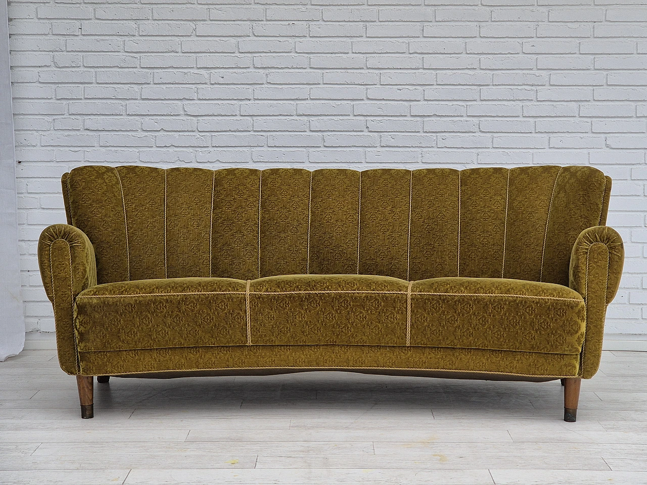 Danish 3-seater sofa in beech, brass & green velour, 1960s 2