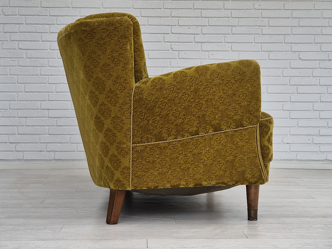 Danish 3-seater sofa in beech, brass & green velour, 1960s 6