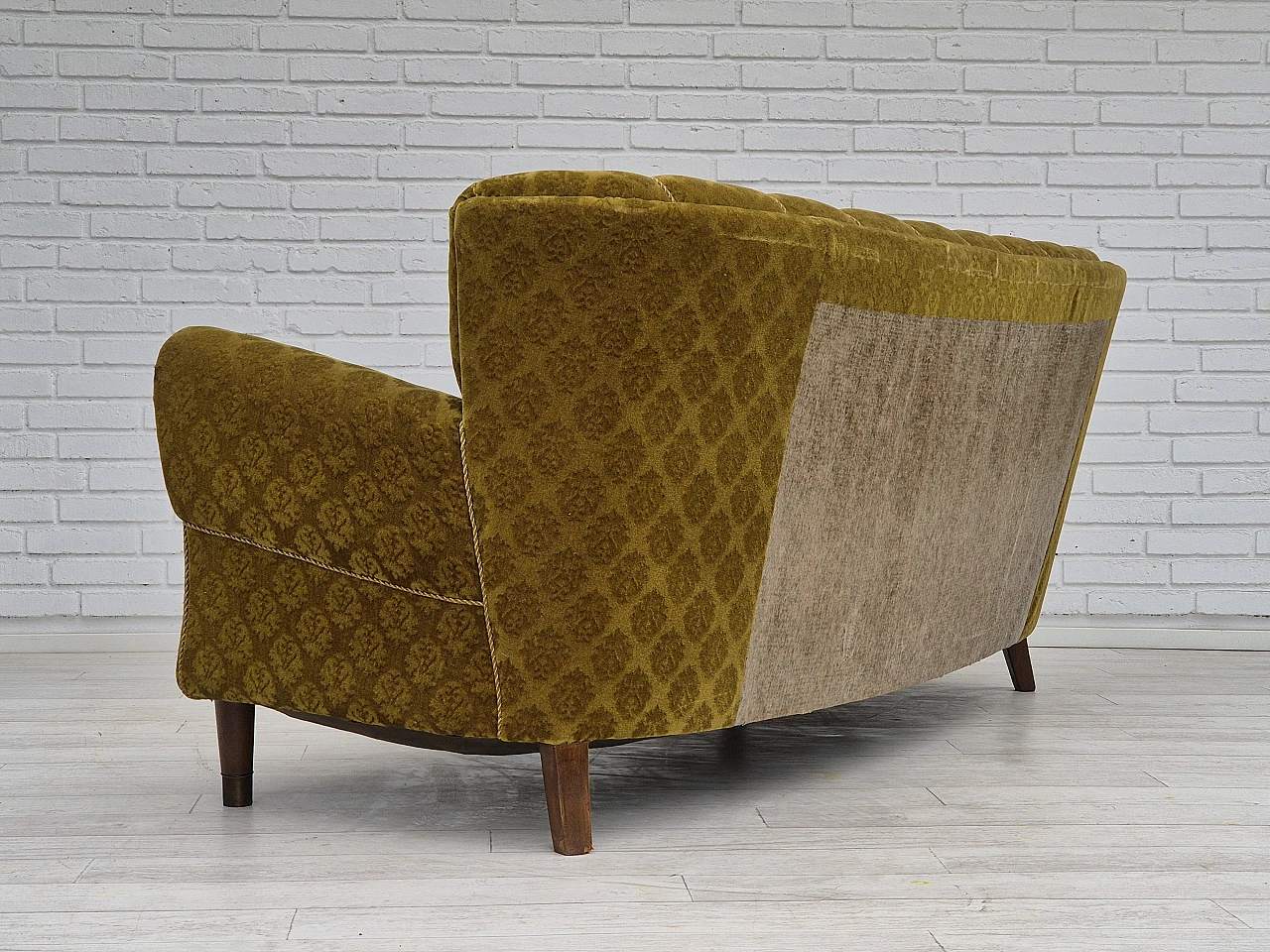 Danish 3-seater sofa in beech, brass & green velour, 1960s 15