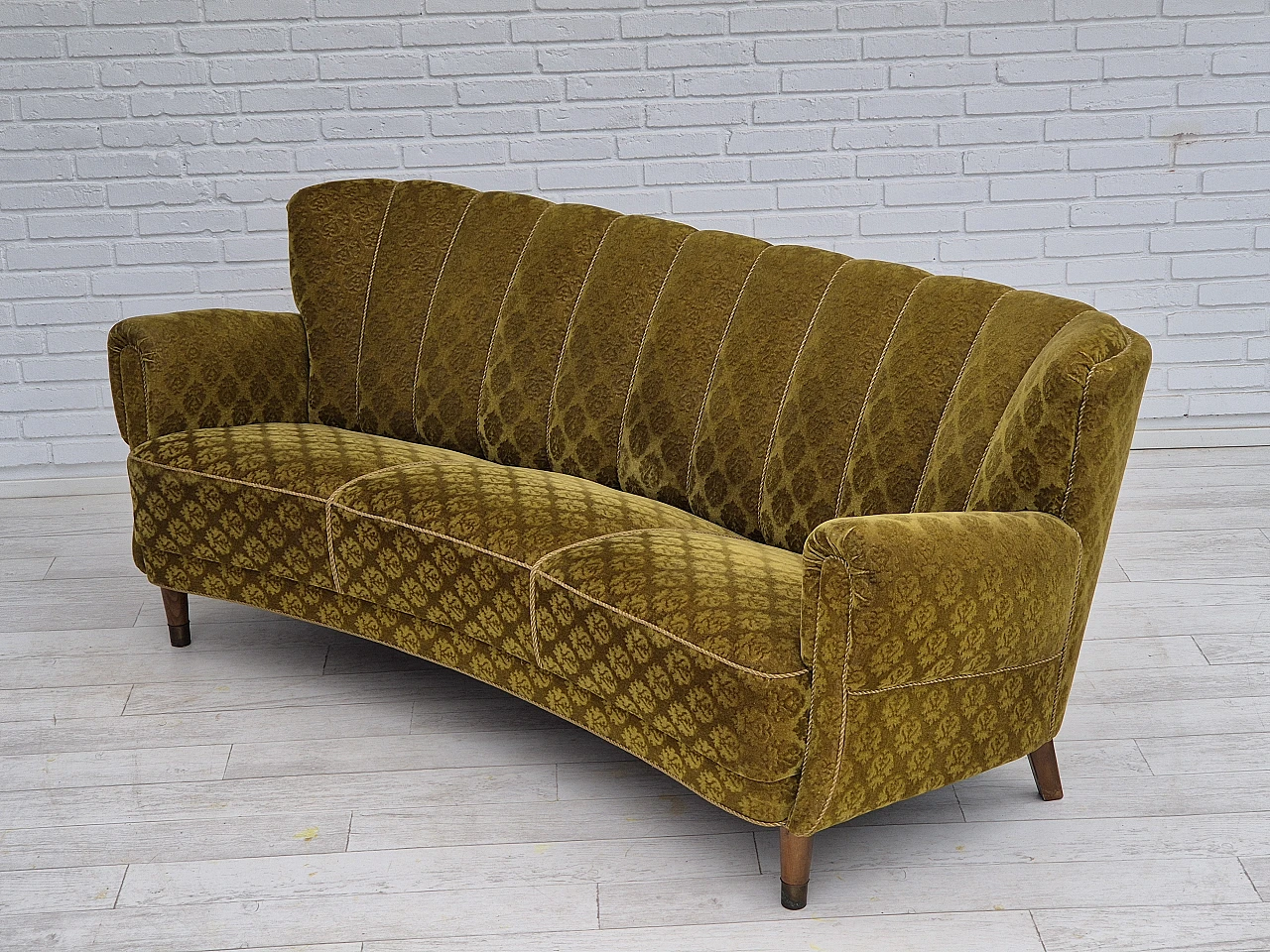Danish 3-seater sofa in beech, brass & green velour, 1960s 18