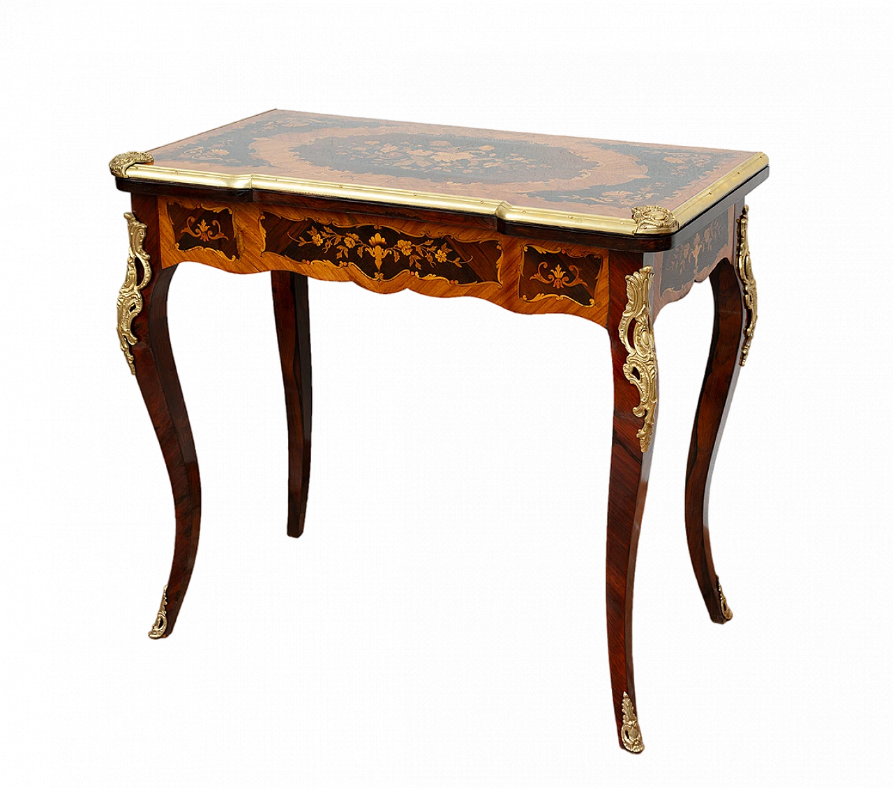 Tavolino da gioco Napoleone III in legno intarsiato e bronzo, '800 8