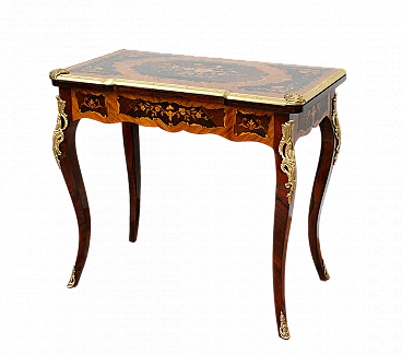 Tavolino da gioco Napoleone III in legno intarsiato e bronzo, '800
