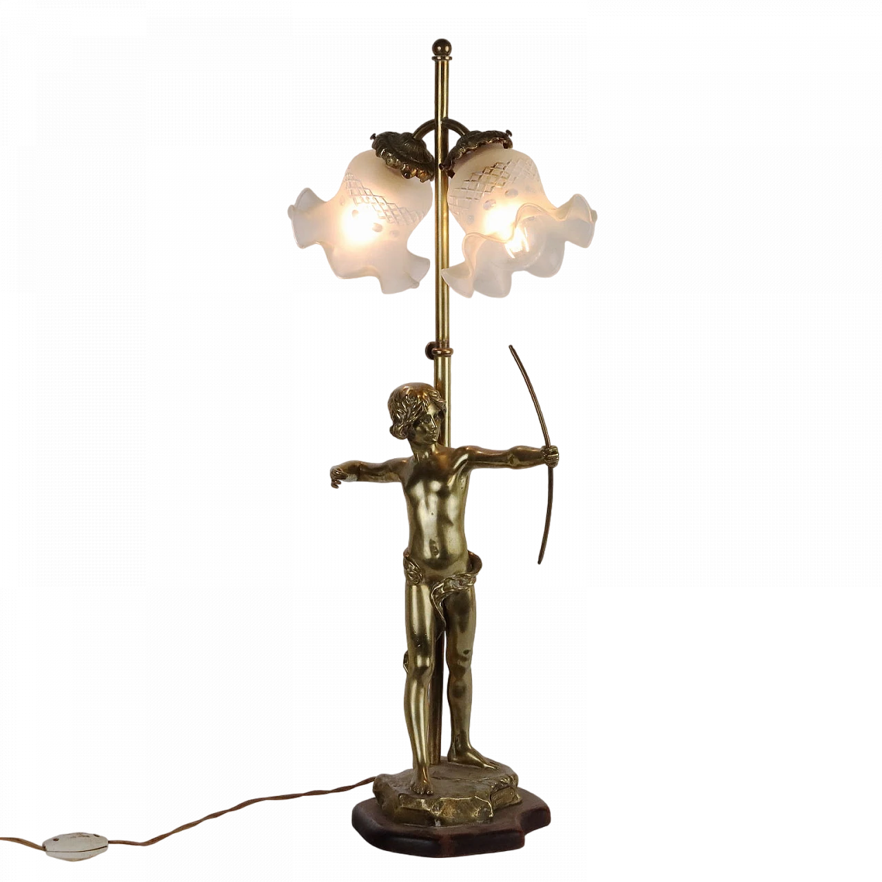 Lampada a tavolo con scultura in bronzo e paralumi in vetro di Scotte 11