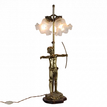 Lampada a tavolo con scultura in bronzo e paralumi in vetro di Scotte