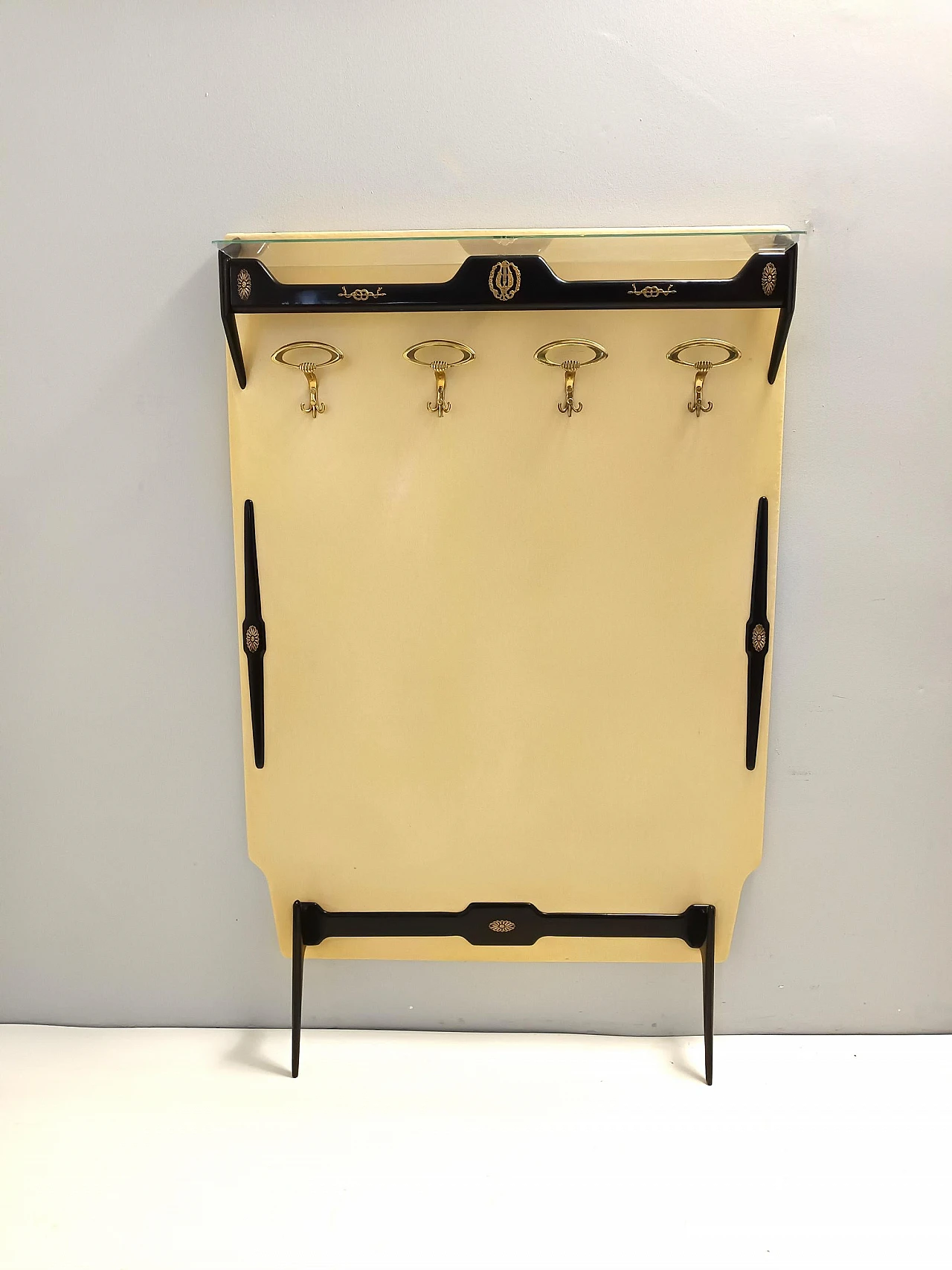 Coat stand in ebonised beech, brass, skai and glass, 1950s 4
